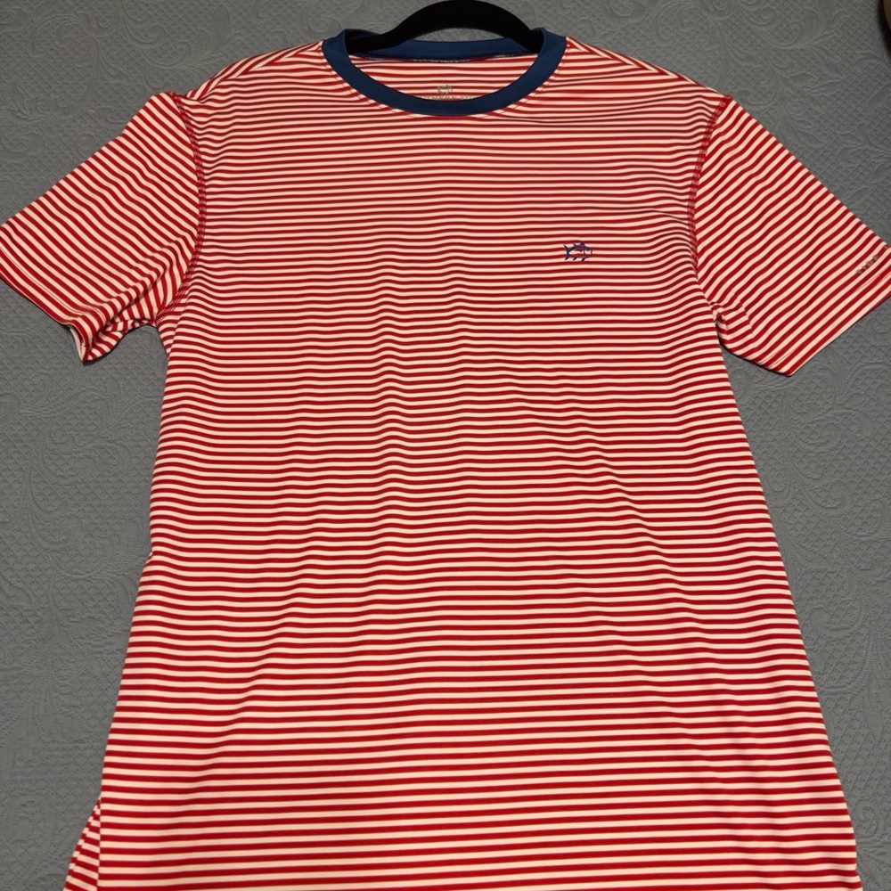 Southern Tide Red and White Striped Short Sleeve Tee/ performance material